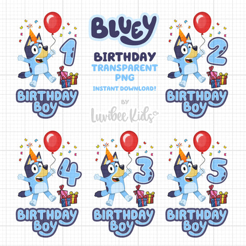 Bluey Inspired Birthday Boy Iron On Design with Age - Digital File PNG - Instant Download