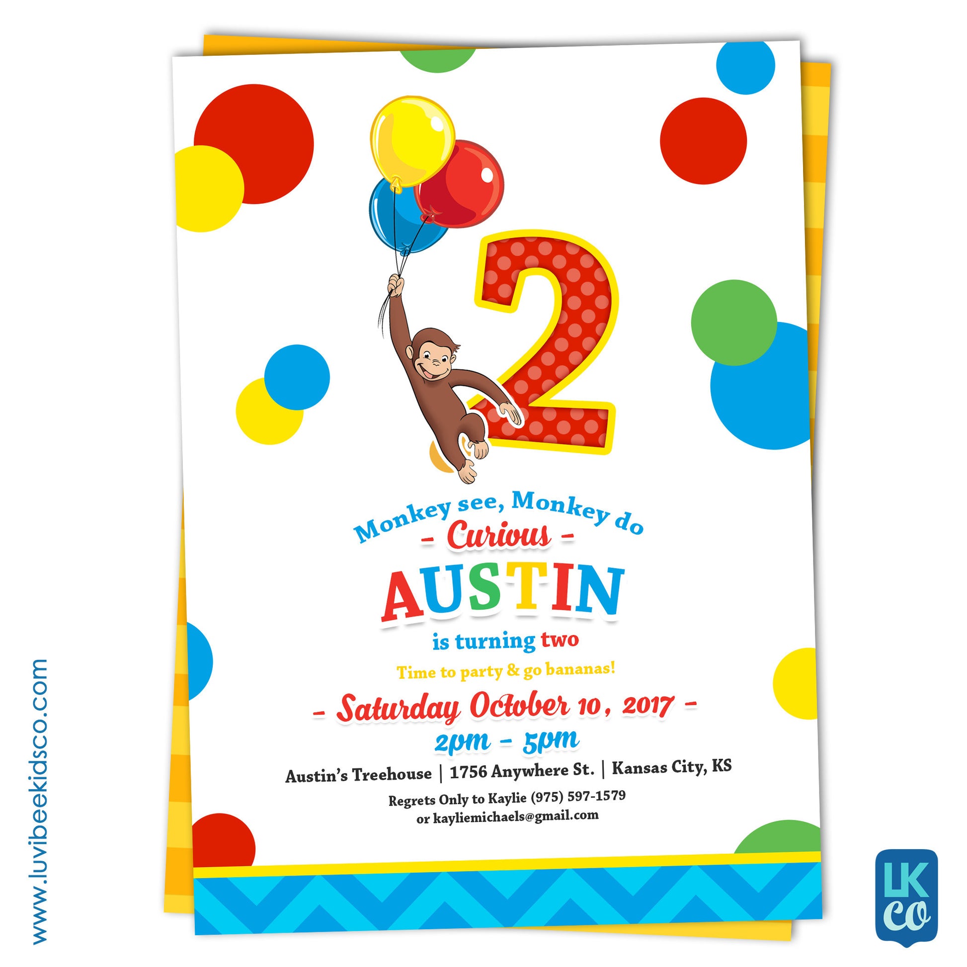 Curious George Invitation with Backside Image | Primary Color Dots - LuvibeeKidsCo