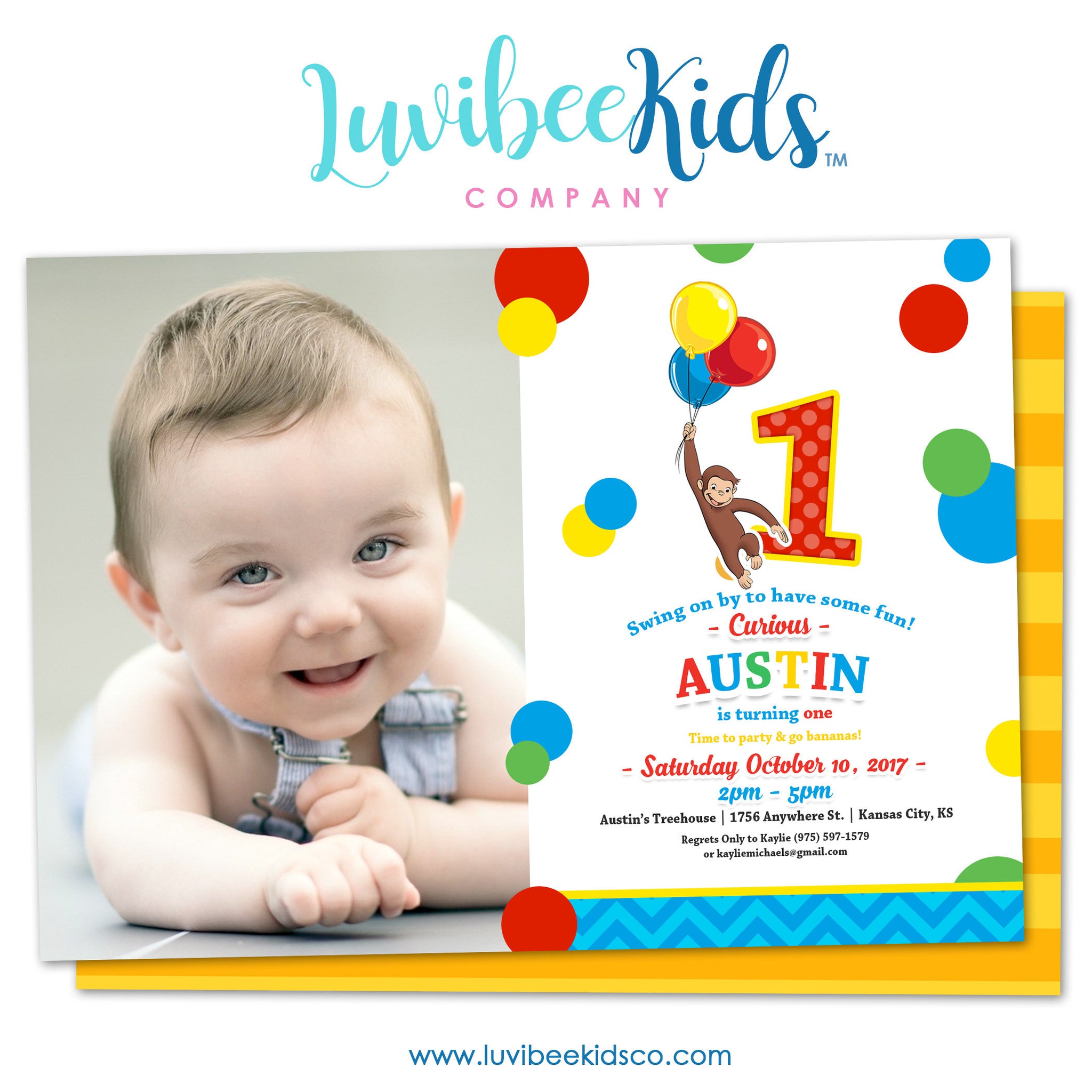Curious George Invitation with Photo & Backside Image | Primary Color Dots - LuvibeeKidsCo