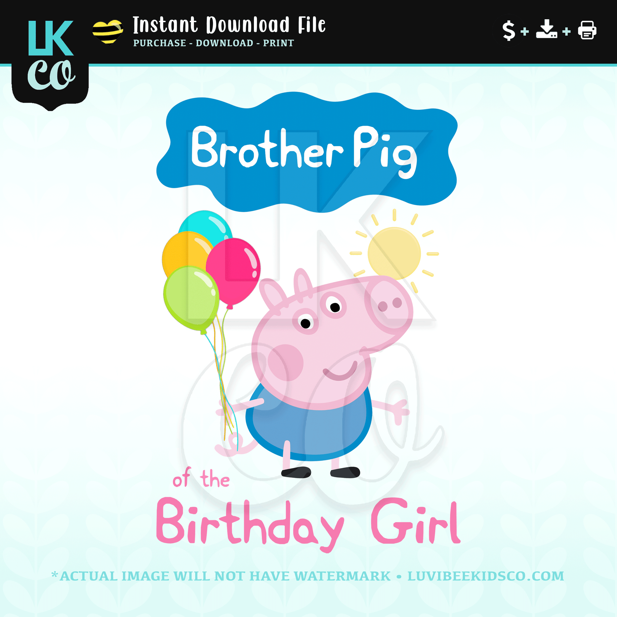 Peppa Pig Iron On Transfer | Brother Pig of the Birthday Girl - George