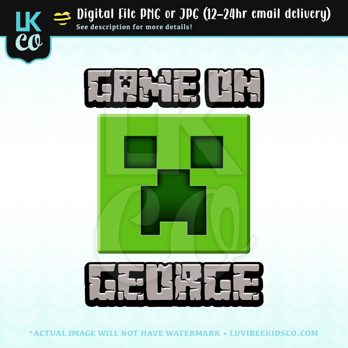 Minecraft Iron On Design | Green Logo Game On with Name