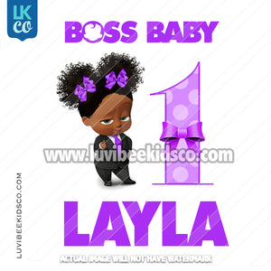 Boss Baby Iron On Transfer | African American Girl | Curly Puffs - with Age - Purple - LuvibeeKidsCo
