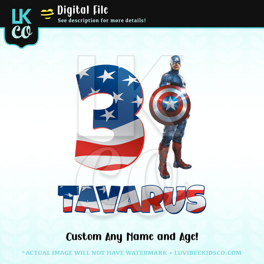 Captain America Digital File [12-24hr email] for Birthday and Events - Flag - Any Name and Age