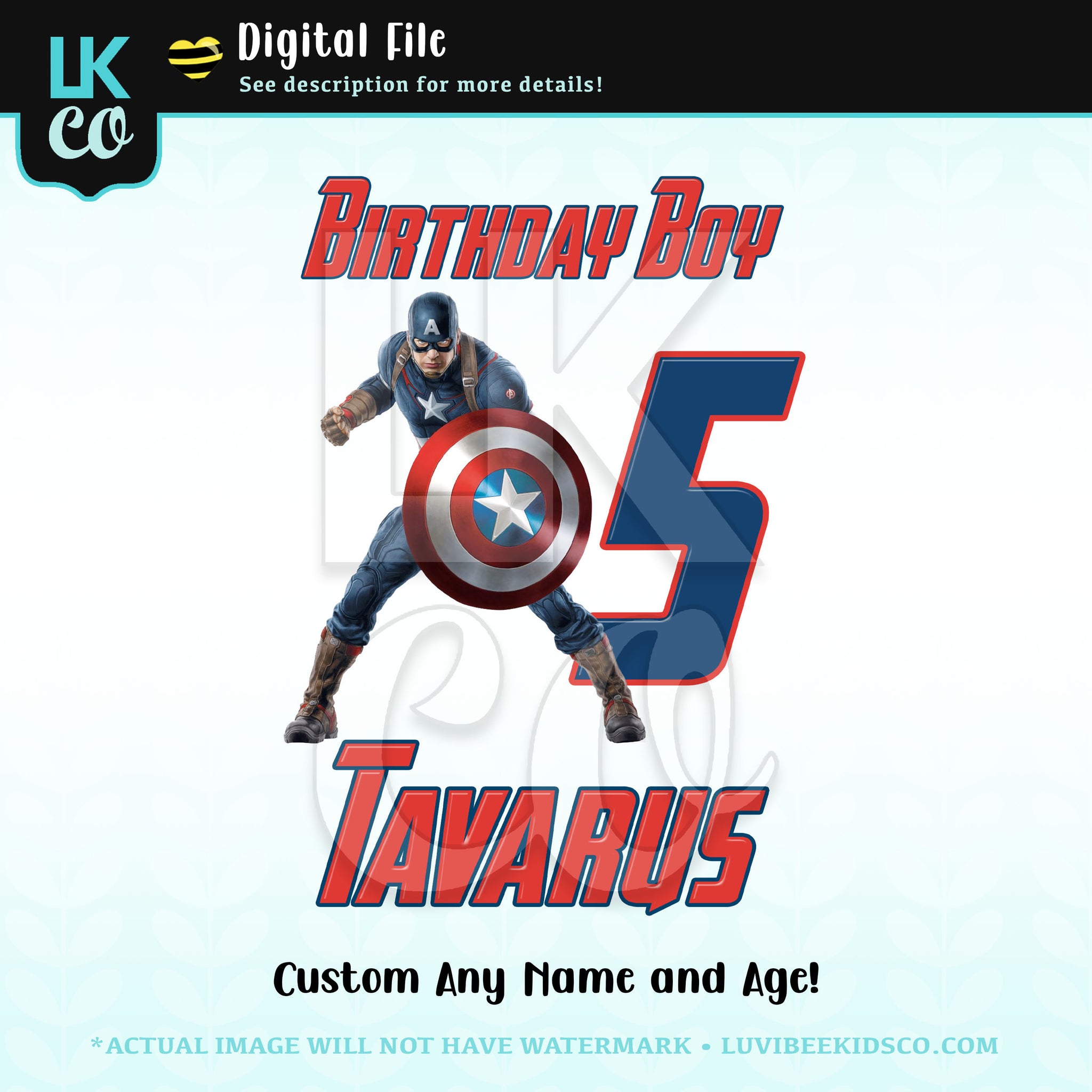 Captain America Digital File [12-24hr email] for Birthday and Events - Birthday Boy - Any Name and Age