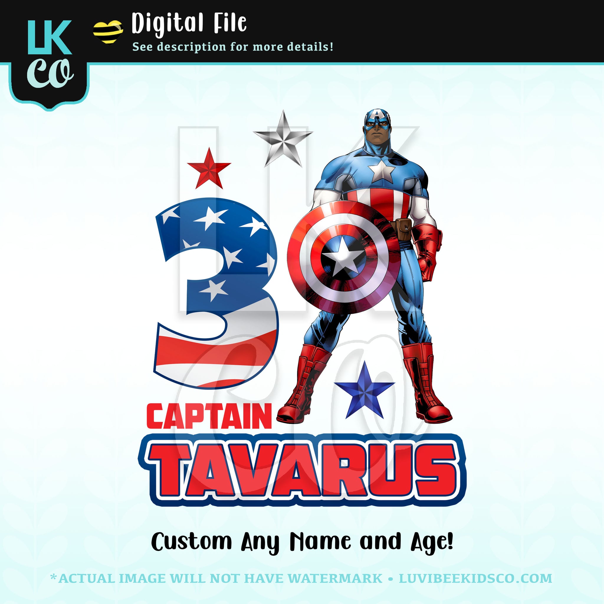 Captain America Inspired Design for Birthday and Events - African American Black - Any Name and Age