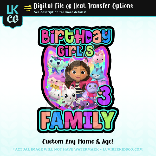 Gabby's Dollhouse Inspired Birthday Design - Colorful Friends - Add Family Members - Dark Background