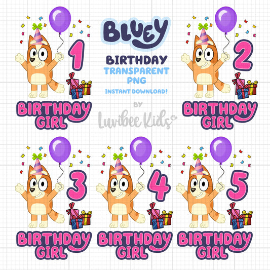 Bluey Bingo Inspired Birthday Girl Iron On Design with Age - Digital File PNG - Instant Download