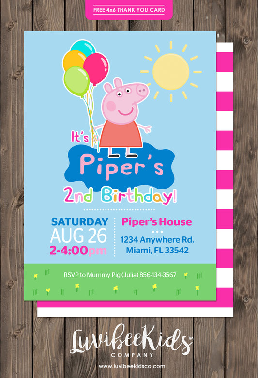 Peppa Pig Birthday Invitation | Free Backside & Thank You Card - LuvibeeKidsCo
