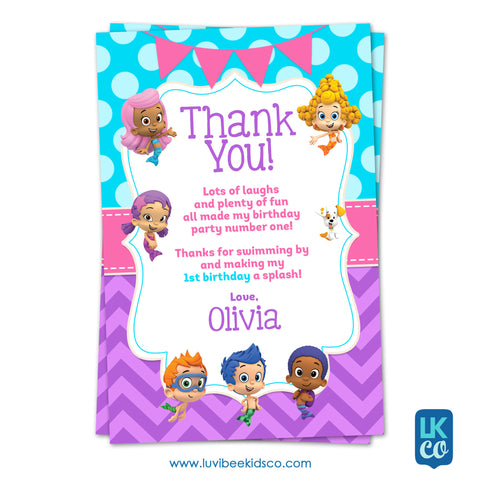 Bubble Guppies - Girl's Style | Blue & Purple | Personalized Thank You Card 4x6 - LuvibeeKidsCo