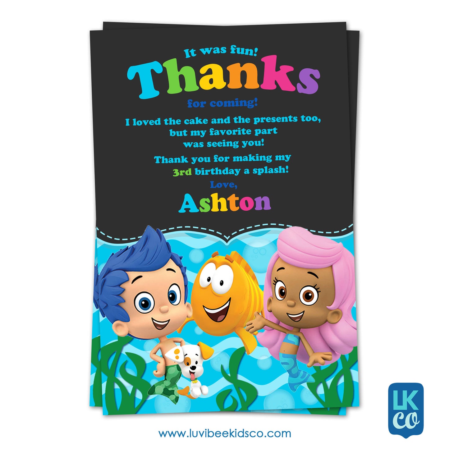 Bubble Guppies - Birthday Invitation | Chalkboard Rainbow | Personalized Thank You Card 4x6 - LuvibeeKidsCo