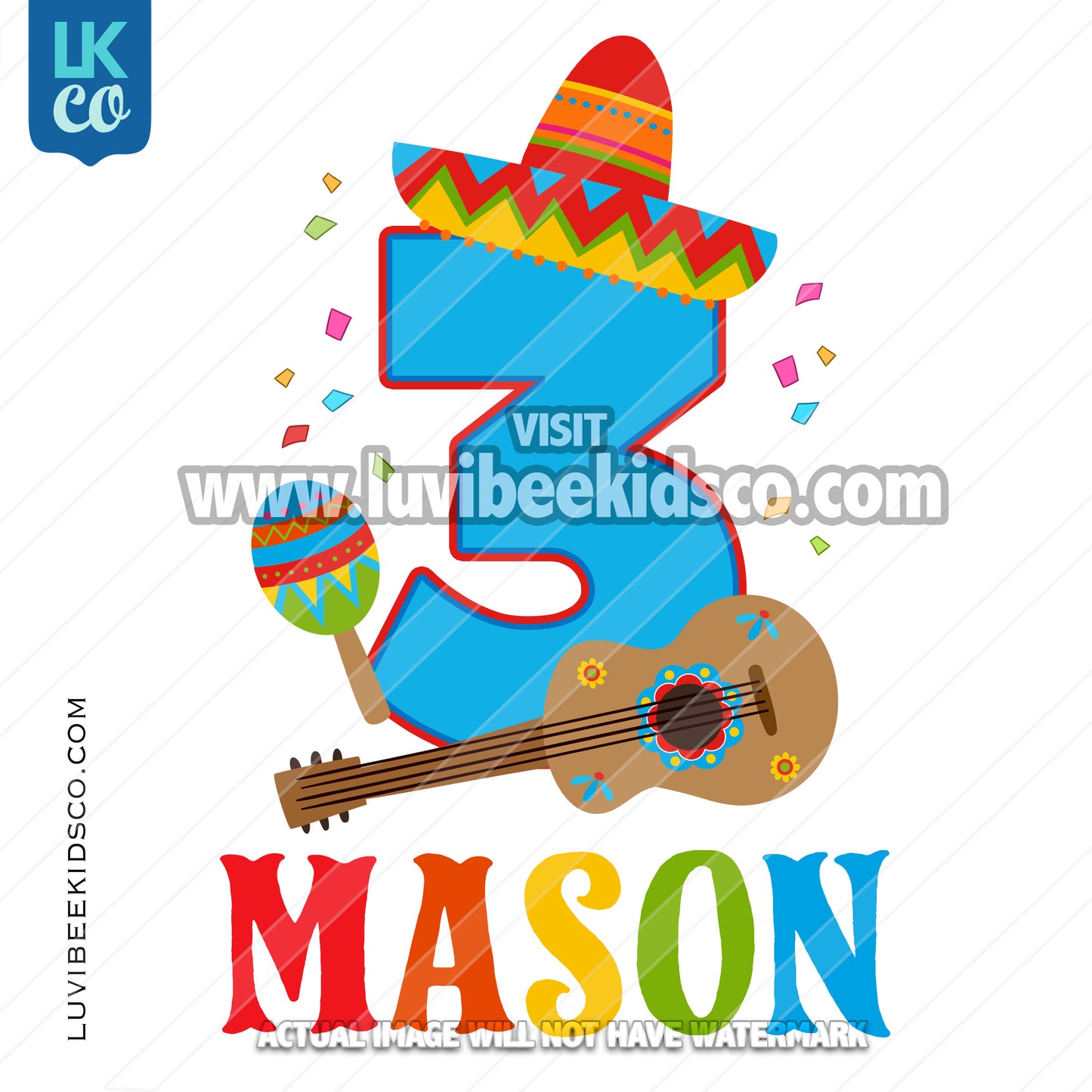 Fiesta Birthday Heat Transfer Design - Sombrero and Guitar - Any Name and Age